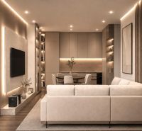 Rekreační apartmán s pohodlnou sedačkou, podlahou s dřevěným dekorem a útulným osvětlením.