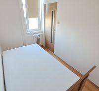 Ložnice s bílými stěnami a podlahou s dřevěným dekorem ve 2pokojovém bytě.