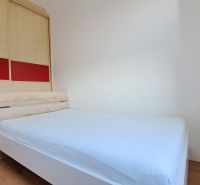 Ložnice s postelí a vestavěnou skříní, 2pokojový byt, podlaha s dřevěným dekorem.