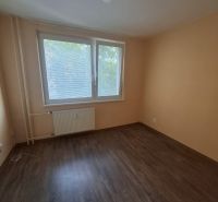 Pokoj v 3-pokojovém bytě s podlahou s dřevěným dekorem a velkým oknem.