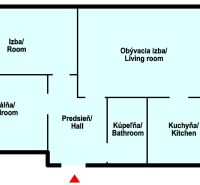 Půdorys 3-pokojového bytu s ložnicí, obývacím pokojem, kuchyní a balkonem.