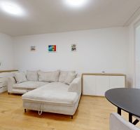 Světlý pokoj v 3-pokojovém bytě s pohovkou a dekorací na stěně.