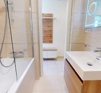 Koupelna s vanou a umyvadlem ve 3-pokojovém bytě, béžové obklady, dekor dřeva.