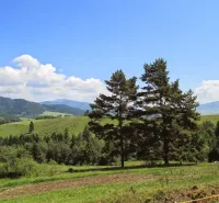 Krásná scenérie zemědělských a lesních pozemků u Valaské s kopcovitou krajinou.