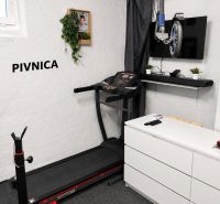 Fitness koutek s běžeckým pásem, televizorem a činkovou lavicí ve sklepě 3-pokojového bytu.