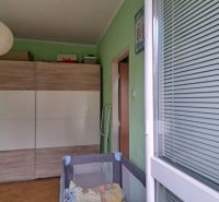 Pokoj v 2-pokojovém bytě s velkou skříní, dřevěným dekorem a zelenými stěnami.