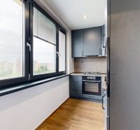 Kuchyně ve 4-pokojovém bytě s výhledem, podlaha s dřevěným dekorem, moderní vybavení.