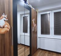 Skříň s dekoracemi zvířat v rodinném domě, dřevěná podlaha, radiátor pod oknem s roletami.