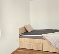 Jednolůžková postel v 1-pokojovém bytě s podlahou s dřevěným dekorem a úložným prostorem.
