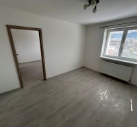Pokoj s podlahou s dřevěným dekorem, bílými stěnami a velkým oknem ve 3-pokojovém bytě.