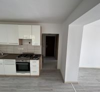 Kuchyňská linka s dřevěným dekorem v 3-pokojovém bytě, prostor s bílými stěnami.