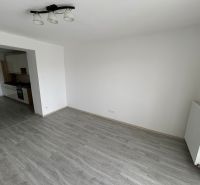 Obývací pokoj třípokojového bytu s podlahou s dřevěným dekorem a kuchyní na levé straně.