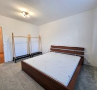 Ložnice s postelí a věšákem v 2-pokojovém bytě, podlaha s dřevěným dekorem.
