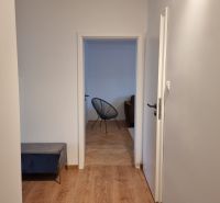 Chodba ve 2-pokojovém bytě s podlahou s dřevěným dekorem a výhledem do obývacího pokoje.