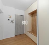 Vstupní hala se světlým nábytkem a podlahou s dřevěným dekorem ve 4pokojovém bytě.