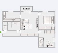 Půdorys 3-pokojového bytu s ložnicí, obývacím pokojem, kuchyní a balkonem.