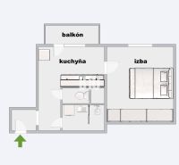 Půdorys 1-pokojového bytu s balkonem a kuchyní.