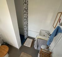 Koupelna s toaletou, umyvadlem a sprchou v chatě s jednoduchým designem.