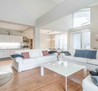 Světlý obývací prostor s krbem, pohovkami, kuchyní a podlahou s dřevěným dekorem v rekreačním apartmánu.