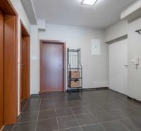 Vstupní hala rekreačního apartmánu s tmavou dlažbou, dřevěnými dveřmi a věšákem.