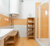 Koupelna s oranžovými obklady, sprchovým koutem a umyvadlem v rekreačním apartmánu.
