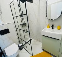 Koupelna v 2-pokojovém bytě se sprchovým koutem, závěsným WC a oranžovým koberečkem.