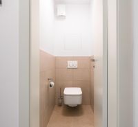 Koupelna s dlažbou v 2-pokojovém bytě, neutrální barevná paleta.
