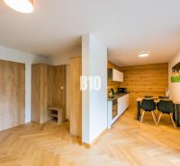 Kuchyně a jídelní prostor v rekreačním apartmánu s podlahou s dřevěným dekorem.