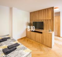Rekreační apartmán s postelí, TV, podlahou s dřevěným dekorem a dřevěným nábytkem.