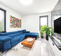 Obývací pokoj s modrou sedačkou a rostlinami ve 3-pokojovém bytě, podlaha s dřevěným dekorem.