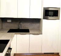 Bílá kuchyně s mikrovlnkou a zabudovaným dřezem, 2-pokojový byt, podlaha s dřevěným dekorem.