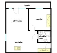 Půdorys 2-pokojového bytu s lodžií, obývacím pokojem, kuchyní a koupelnou s WC.