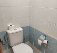 Koupelna se světlými obklady a toaletou v 2-pokojovém bytě.