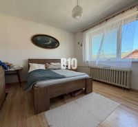 Ložnice s postelí a podlahou s dřevěným dekorem v rodinném domě.