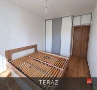 Ložnice s dřevěným dekorem podlahy a vestavěnou skříní v 3-pokojovém bytě.