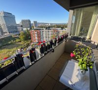 Balkon s rostlinami a výhledem na Bosákovu ulici, Bratislava - Petržalka.