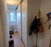 Chodba v 2-pokojovém bytě s podlahou s dřevěným dekorem a vestavěnými skříněmi.