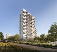 Moderní bytová výstavba na Mlynských Nivách v Bratislavě-Ružinově, vedle tramvajové trati.
