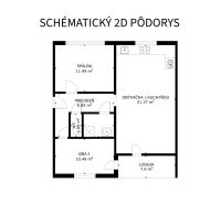 Půdorys 3-pokojového bytu s ložnicí, obývacím pokojem s kuchyní a lodžií.