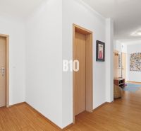 Chodba ve 4-pokojovém bytě s podlahou s dřevěným dekorem a světlými stěnami.