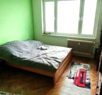 Ložnice v jednopokojovém bytě se zelenou stěnou a podlahou s dřevěným dekorem.