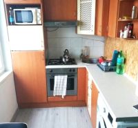 Kuchyně v 1-pokojovém bytě s podlahou s dřevěným dekorem, základními spotřebiči a skříňkami.