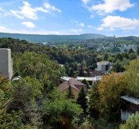 Pohled na zalesněné oblasti a budovy v Bratislavě - Staré Město z ulice Bartókova.