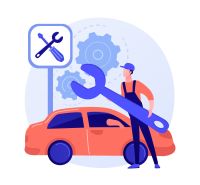 Mechanik v montérkách s obrovským klíčem u auta a servisní tabule.
