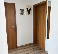 Chodba v 3-pokojovém bytě s podlahou s dřevěným dekorem a dřevěnými dveřmi.