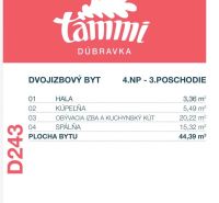Půdorys dvoupokojového bytu v Dúbravce s výměrou 44,39 m² a balkónem.