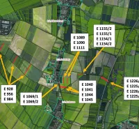 Mapa zemědělských a lesních pozemků Pečeňady s parcelními čísly.