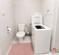 Koupelna v 2-pokojovém bytě s pračkou a WC na dlažbě.
