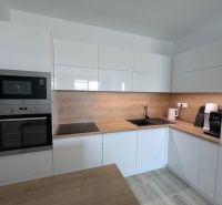 Kuchyně v 2-pokojovém bytě s podlahou s dřevěným dekorem a moderními spotřebiči.