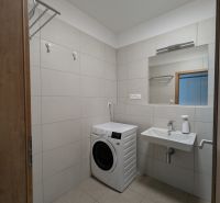 Koupelna s pračkou a umyvadlem v 2-pokojovém bytě.
